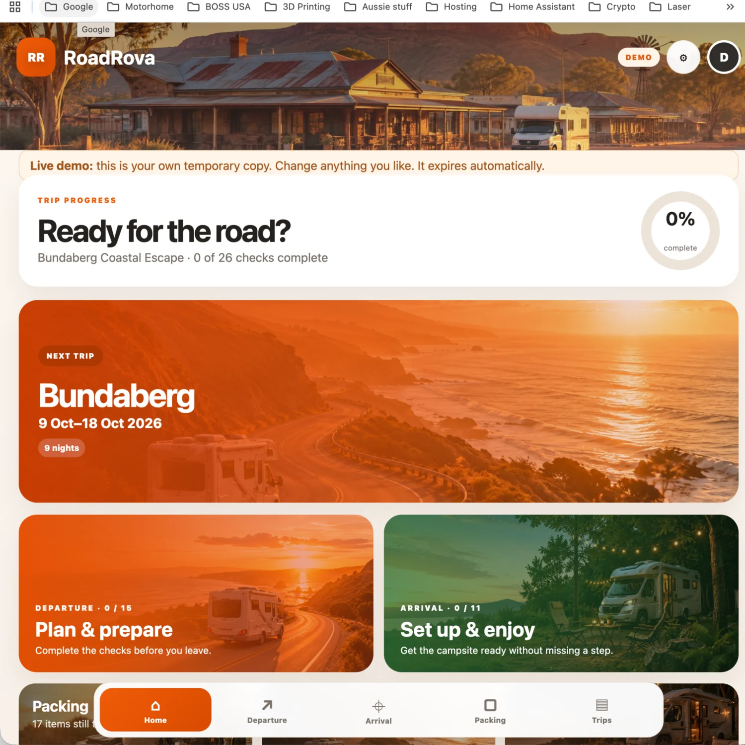 RoadRova trip dashboard