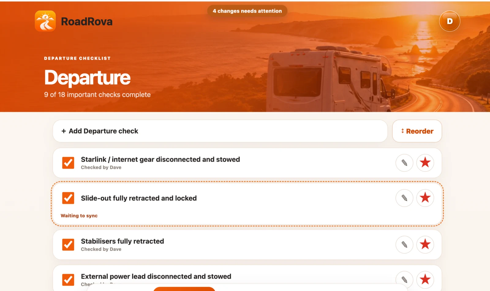 RoadRova departure checklist