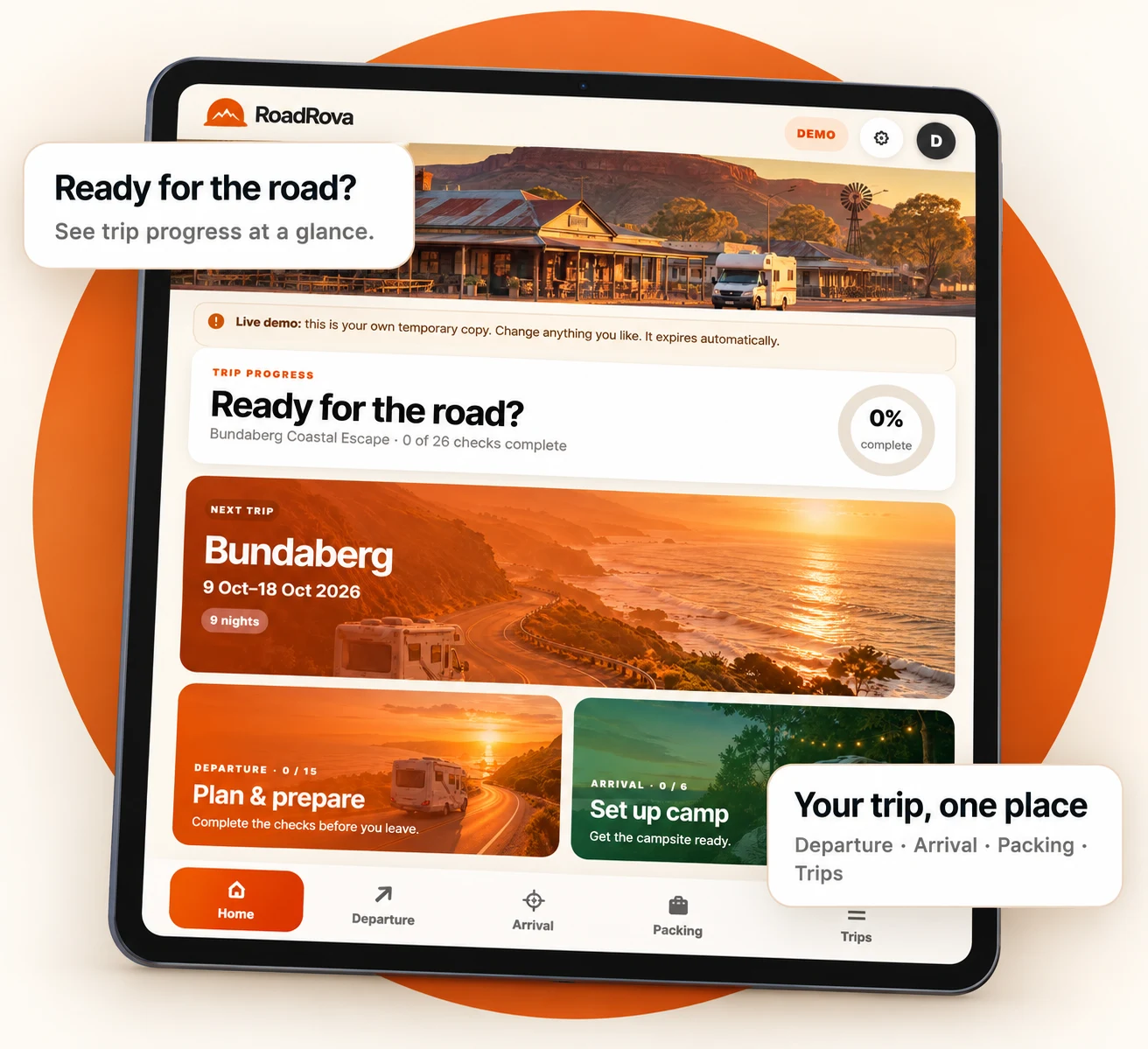 RoadRova dashboard showing trip progress, departure, arrival, packing and trips